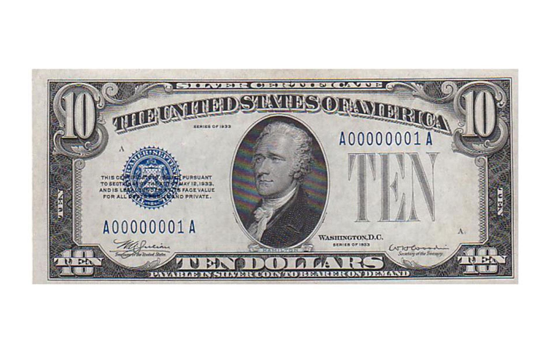 1931 low serial number $10 silver certificate bill: $500,000